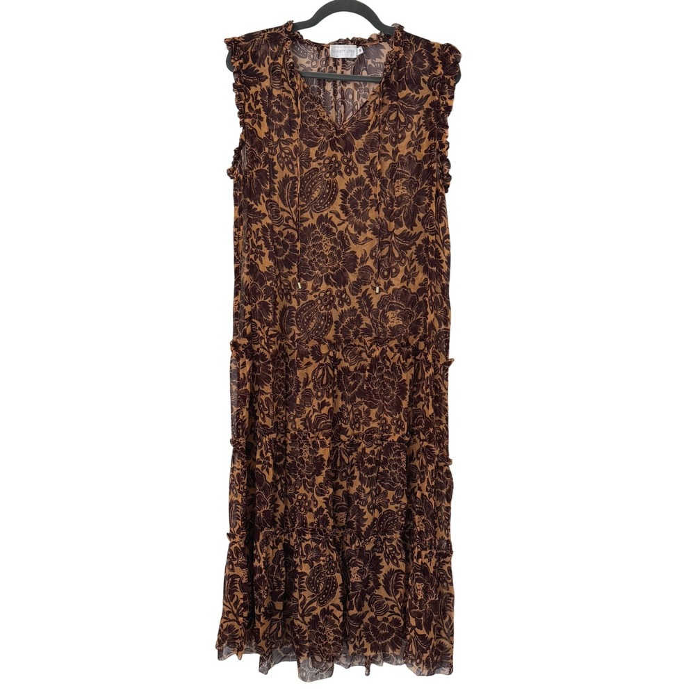 Christy Lynn Floral 100% Silk Tiered Maxi Dress Womens Medium Brown Earthy Sheer